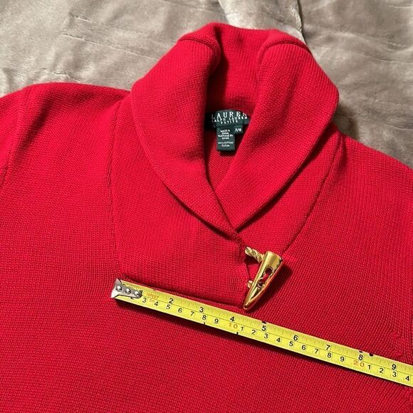 LRL PM Cotton Bright Red Gold Shawl Button Detail Neck Knit Pullover Sweater - Picture 14 of 16